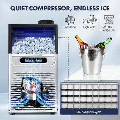 Commercial Ice Maker 100 LBS/24H – Stainless Steel Ice Machine with Adjustable Ice Thickness, Quiet & Auto Cleaning for Bar, Hotel & Catering