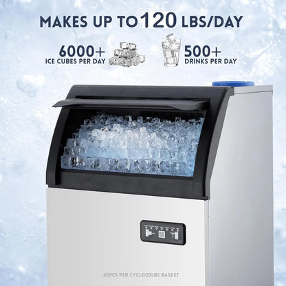 Commercial Ice Maker 120 LBS/Day Under Counter – LED Display, Dual Water Inlet Ice Machine for Restaurant & Bar