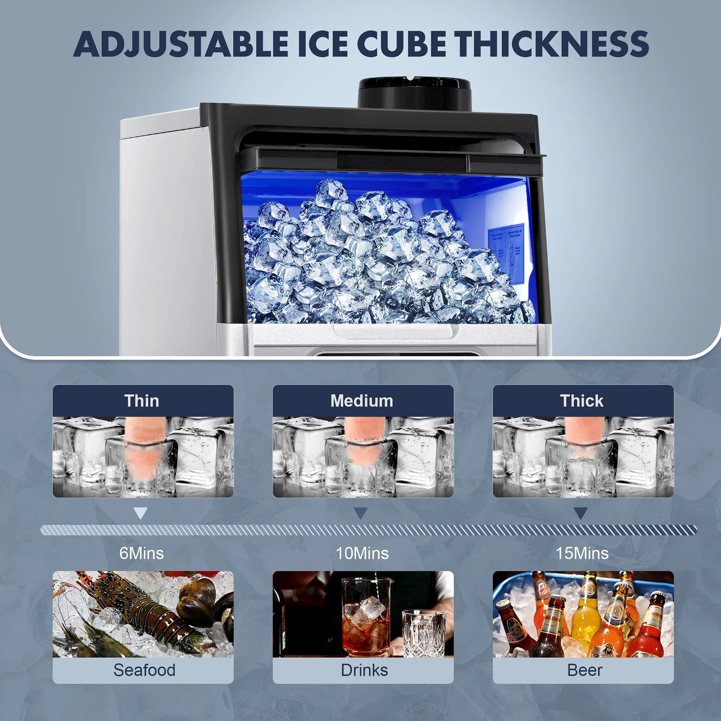 Commercial Ice Maker 100 LBS/24H – Stainless Steel Ice Machine with Adjustable Ice Thickness, Quiet & Auto Cleaning for Bar, Hotel & Catering