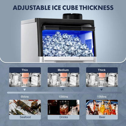 Commercial Ice Maker 100 LBS/24H – Stainless Steel Ice Machine with Adjustable Ice Thickness, Quiet & Auto Cleaning for Bar, Hotel & Catering