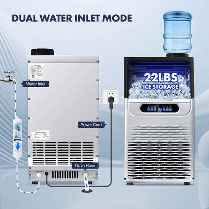 Commercial Ice Maker 100 LBS/24H – Stainless Steel Ice Machine with Adjustable Ice Thickness, Quiet & Auto Cleaning for Bar, Hotel & Catering
