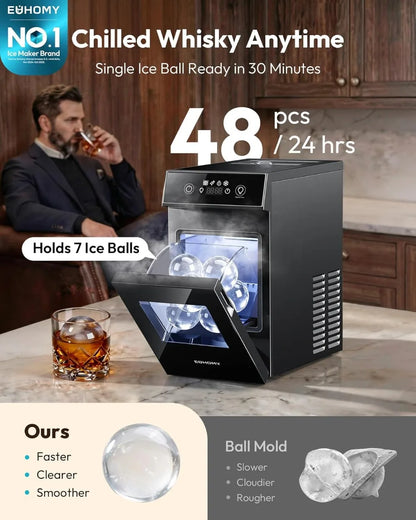 Crystal Clear Ice Ball Maker Machine 2.4", Countertop Sphere Ice Maker, 2 Molds, 48 Ice Balls/Day, Self-Cleaning, 8H Timer for Whiskey & Bourbon