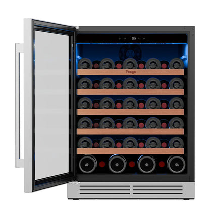 52-Bottle Wine Cooler, 5.12 Cu. Ft. Compressor Wine Fridge with Single Temperature Zone, Air Cooling, Blue LED Light, Door Lock & Auto Defrost
