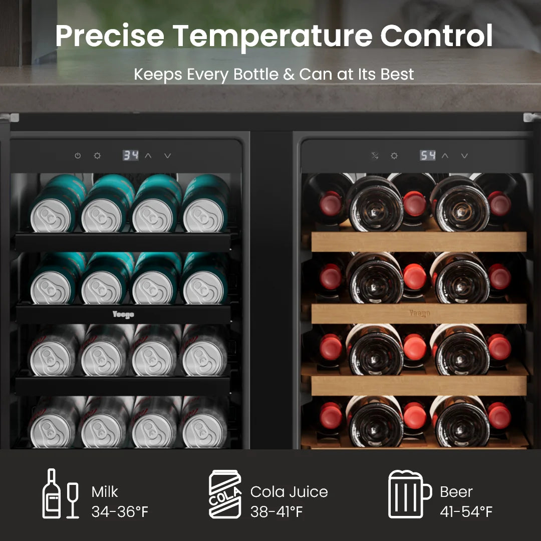 Yeego Dual Zone Wine Cooler 33 Bottles + 80 Cans | Under Counter Wine & Beverage Refrigerator with Auto Defrost, Compressor Cooling & Digital Temperature Control
