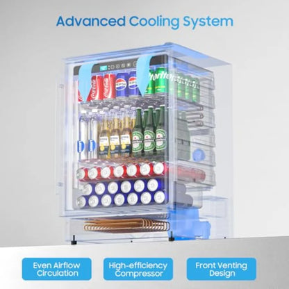 24 Inch Beverage Refrigerator Cooler | 180 Can Capacity Stainless Steel Black Fridge with Glass Door & Adjustable Temperature (37–64°F) for Kitchen, Home Bar & Office