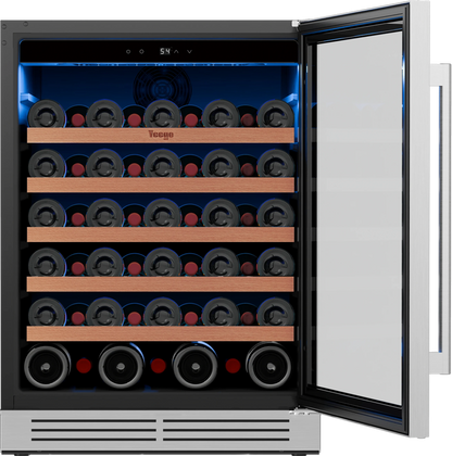 52-Bottle Wine Cooler, 5.12 Cu. Ft. Compressor Wine Fridge with Single Temperature Zone, Air Cooling, Blue LED Light, Door Lock & Auto Defrost