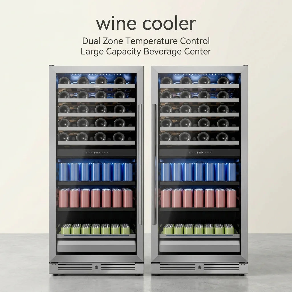 Dual Zone Wine Fridge 275L | 40 Bottle + 112 Can Beverage Cooler | Multi-Temperature Refrigerator with Reversible Door