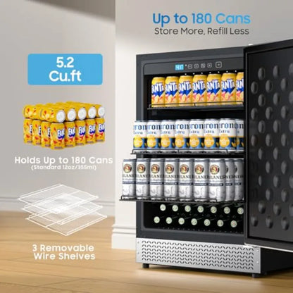 24'' Outdoor Beverage Refrigerator – Stainless Steel Waterproof Door, Black Finish, 180-Can Capacity, Commercial Grade Patio Fridge