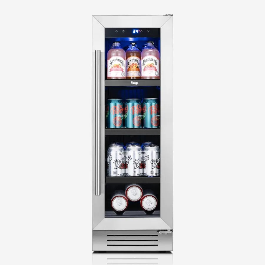 12 Inch Beverage Refrigerator | 60 Can Beer Cooler with Glass Door | Under Counter Built-in Drink Fridge with Adjustable Temperature (34–54°F) for Home & Bar