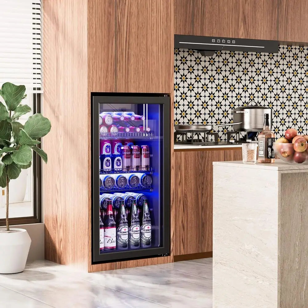 Mini Glass Door Beverage Cooler – 130-Can Capacity, 3.2 Cu.Ft, Adjustable Shelves, Digital Temperature Display, Black Compact Refrigerator
