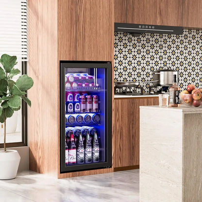 Mini Glass Door Beverage Cooler – 130-Can Capacity, 3.2 Cu.Ft, Adjustable Shelves, Digital Temperature Display, Black Compact Refrigerator