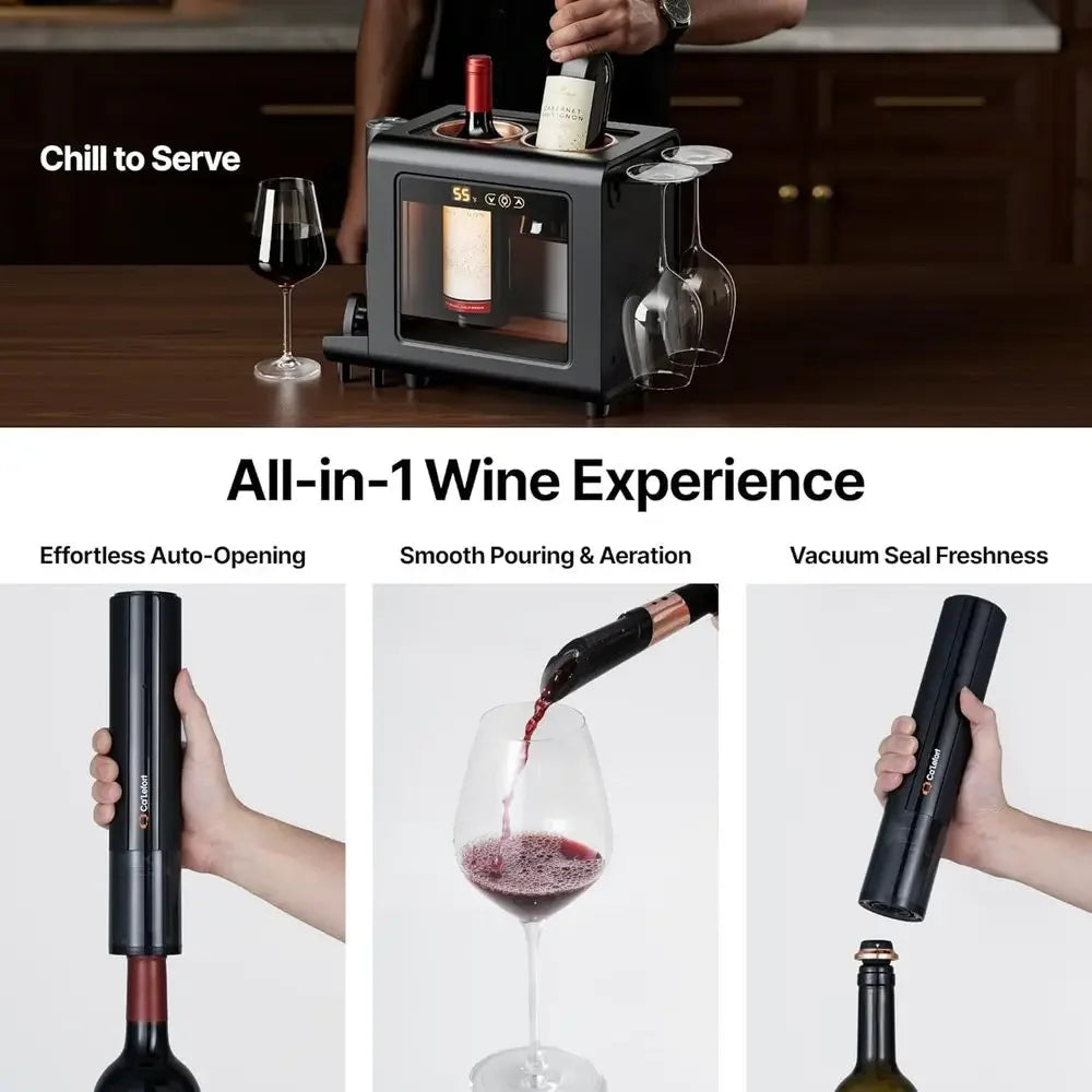 Electric Wine Chiller Set | 46–64°F Wine Cooler for 2 Standard Bottles (3.6” Diameter) with Electric Opener & 2 Glasses | All-in-One Wine Gift Set for Home Use