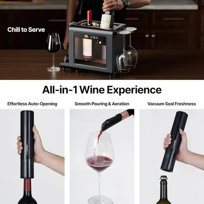 Electric Wine Chiller Set | 46–64°F Wine Cooler for 2 Standard Bottles (3.6” Diameter) with Electric Opener & 2 Glasses | All-in-One Wine Gift Set for Home Use