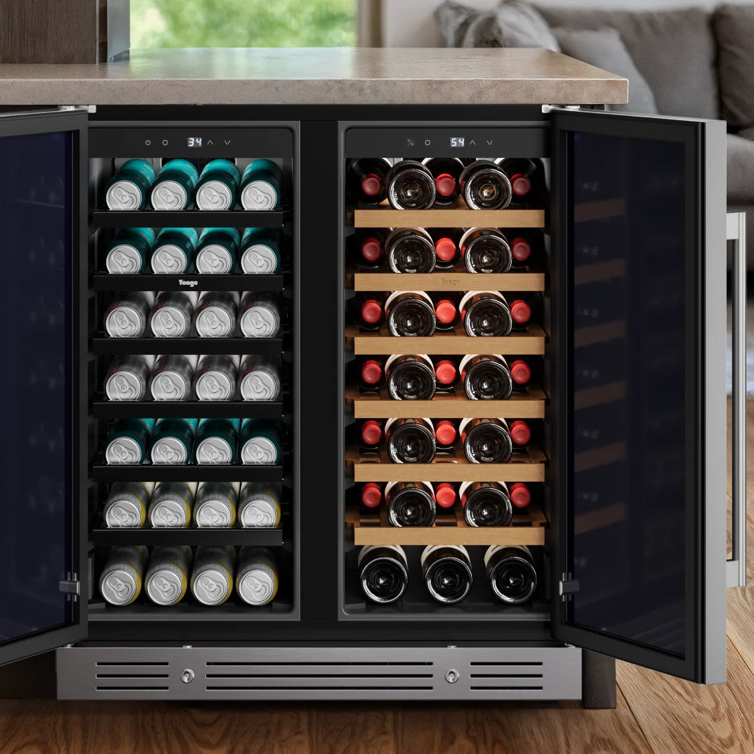 Yeego Dual Zone Wine Cooler 33 Bottles + 80 Cans | Under Counter Wine & Beverage Refrigerator with Auto Defrost, Compressor Cooling & Digital Temperature Control