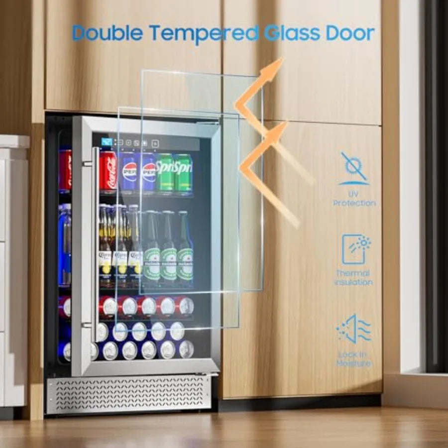 24 Inch Beverage Refrigerator Cooler | 180 Can Capacity Stainless Steel Black Fridge with Glass Door & Adjustable Temperature (37–64°F) for Kitchen, Home Bar & Office