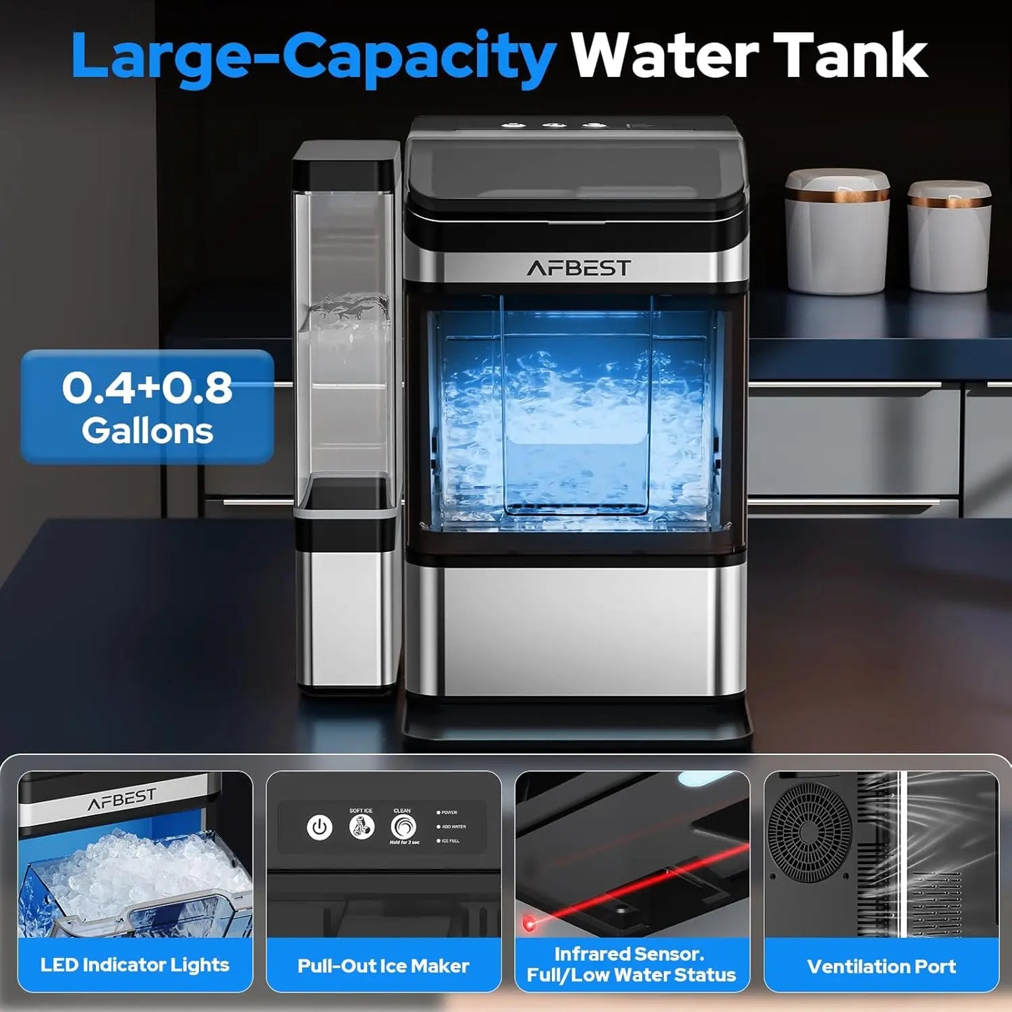 Countertop Nugget Ice Maker 38 LBS/24H – Soft Chewable Ice Machine, One-Touch Self-Cleaning, Dual Water Tanks (3L+1.5L) Portable Ice Maker for Home, Bar, Office & RV