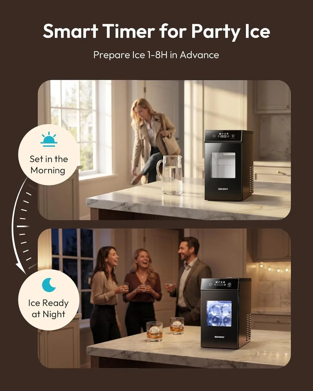 Crystal Clear Ice Ball Maker Machine 2.4", Countertop Sphere Ice Maker, 2 Molds, 48 Ice Balls/Day, Self-Cleaning, 8H Timer for Whiskey & Bourbon